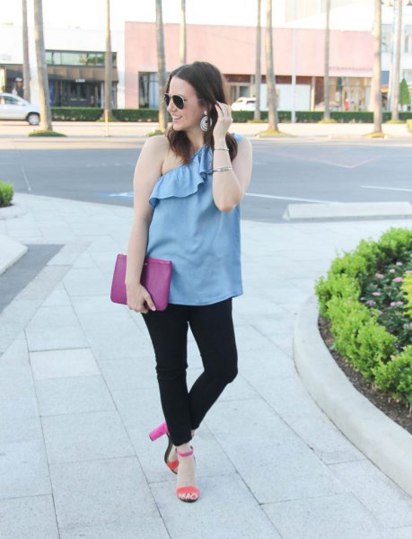Sky blue one shoulder top with ruffles and black jeans