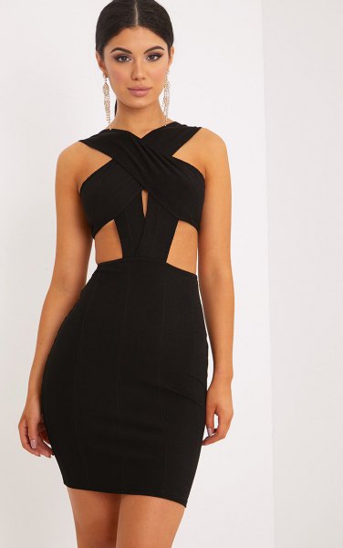 Black mini bandage dress with crossover neckline and side cutout