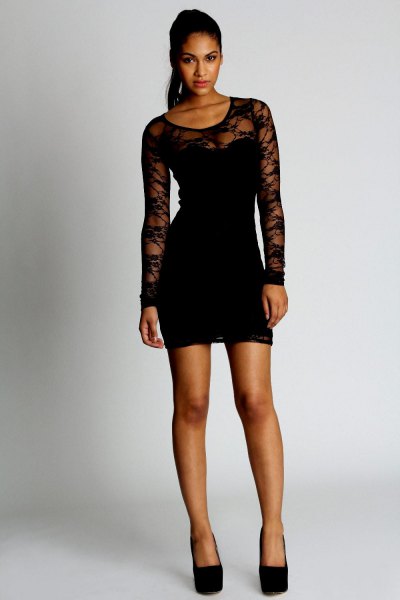 Black lace mini bandage dress with long sleeves and heels