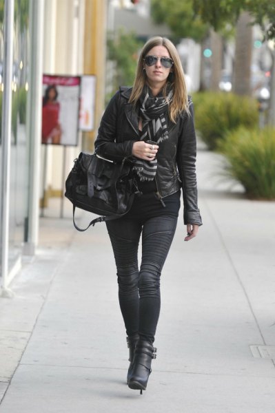 Leather jacket with scarf and black moto jeans