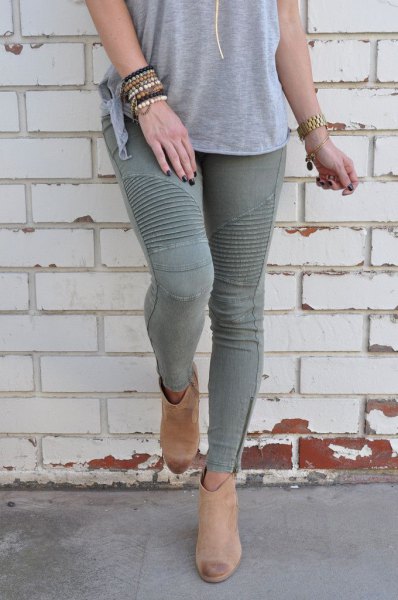 gray t-shirt with matching skinny motorcycle jeans