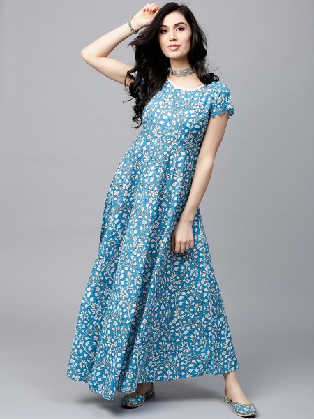 Aqua blue and white polka dot choker flared maxi dress
