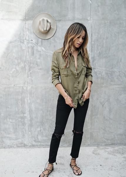 Pair with an army green button down boyfriend shirt and black skinny jeans to complement