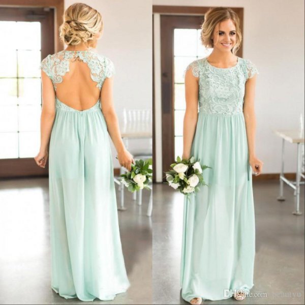 Backless mint green bridesmaid maxi dress with white lace heels