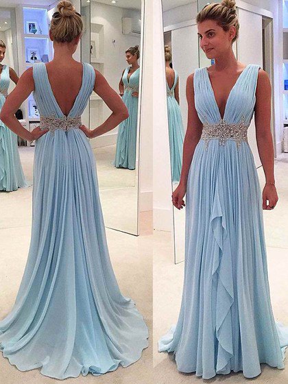 Light blue pleated prom dress with a deep V-neckline and a belt