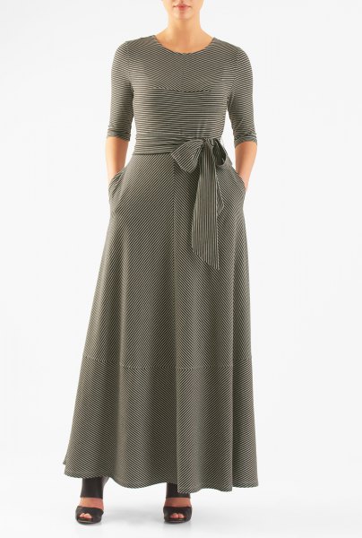 Striped jersey knit maxi dress with belt and half sleeves in a slim fit