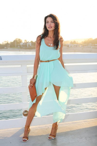 Light blue maxi tank dress with high, low and belted detailing