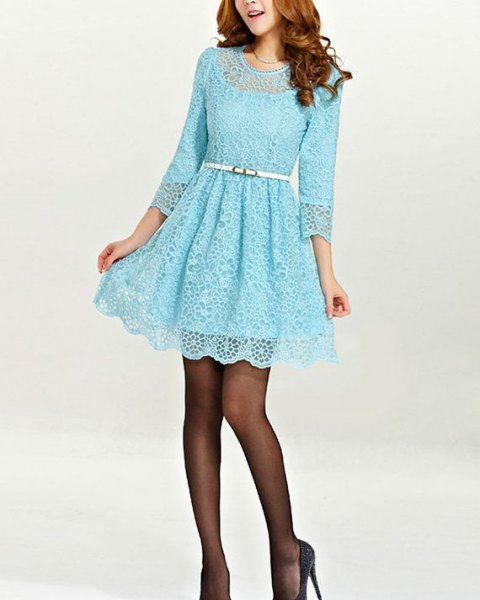 Long sleeve flared lace mini dress with belt and stockings