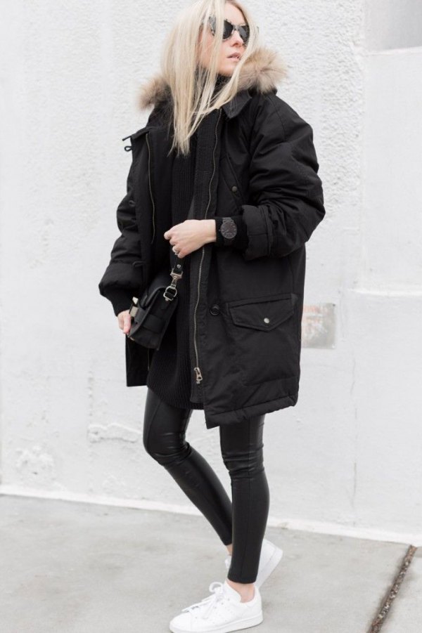 best black coat with fur hood outfits for women