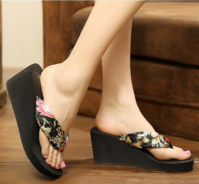 Black and pink floral print heeled flip flops and mini dress