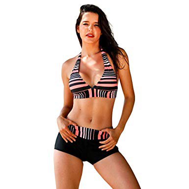 Black and pink swimsuit top with matching striped swim shorts
