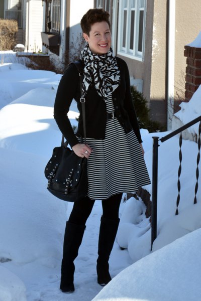 Black and gray striped belted tunic dress with knee high boots