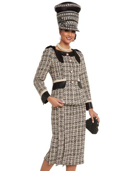Black and light yellow checked tweed tuxedo with matching hat