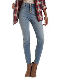 Black and red checked flannel shirt with skinny light blue jeans