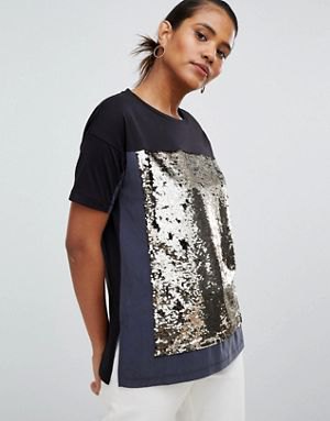 Black and silver glitter colorblock t-shirt with white jeans