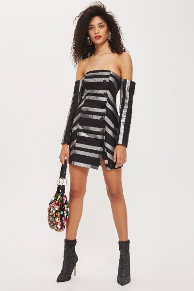 Black and silver striped bardot mini dress with heeled ankle boots