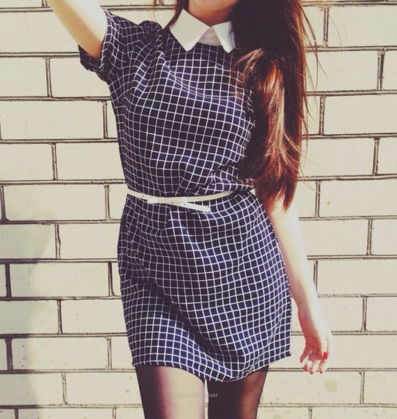 Black and white check short sleeve mini dress with belt and shirt collar