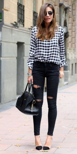 Black and white plaid blouse paired with high waisted ripped jeans