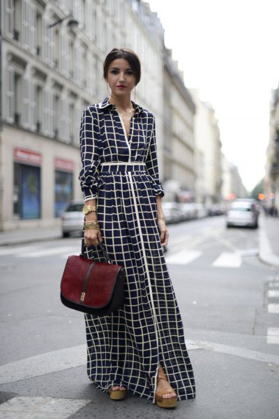 Black and white checked maxi dress with a gathered waist