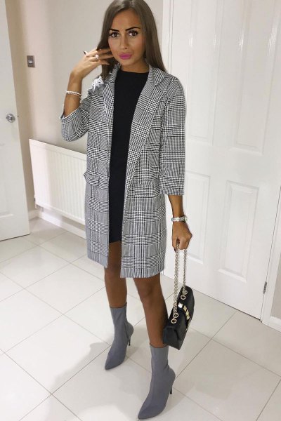 Black and white checked long blazer with mini shift dress