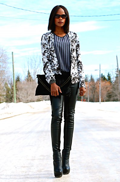 Black and white floral blazer with vertical striped blouse