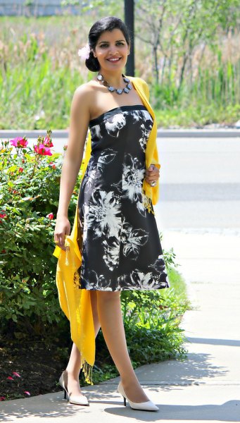 Black and white floral tube dress with a yellow scarf
