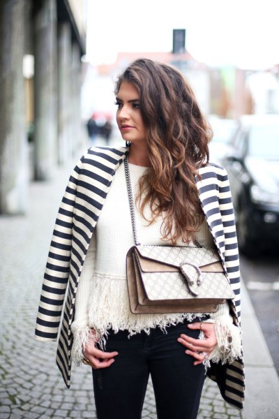 Black and white horizontal striped blazer with fringed sweater