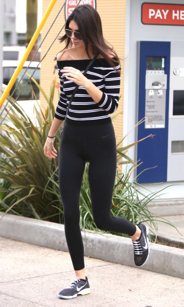 Black and white horizontal striped off the shoulder sweater with windproof tights