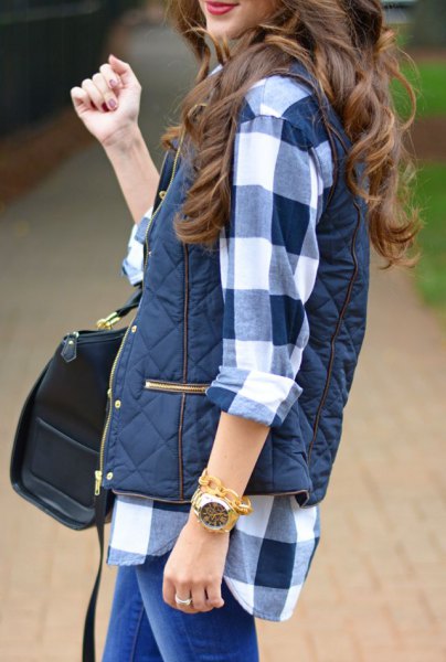 Black and white checked boyfriend shirt with dark blue waistcoat
and slim fit jeans