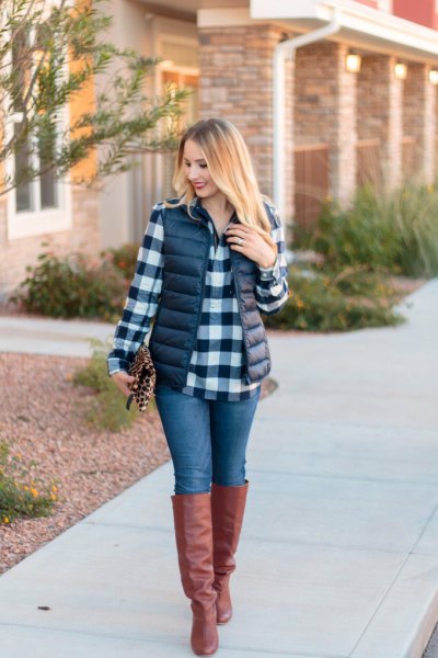 Black and white checked boyfriend shirt with quilted
waistcoat
