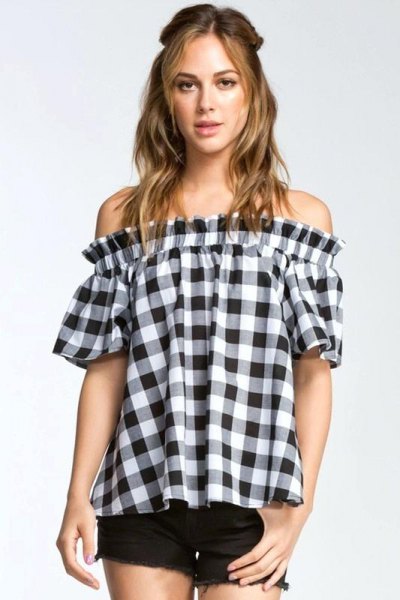 Black and white checked off the shoulder blouse with mini jean shorts