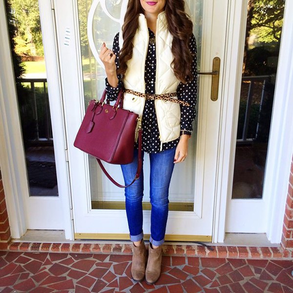 Black and white polka dot shirt with belted down vest
