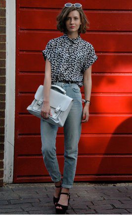 Pair a black and white polka dot shirt with gray boyfriend jeans
