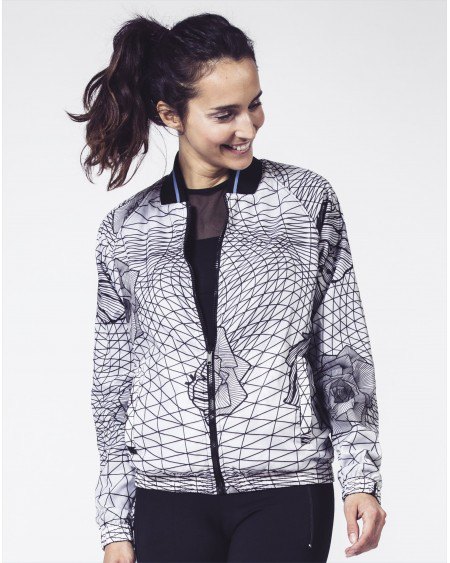 Black and white printed jacket with nylon running pants
