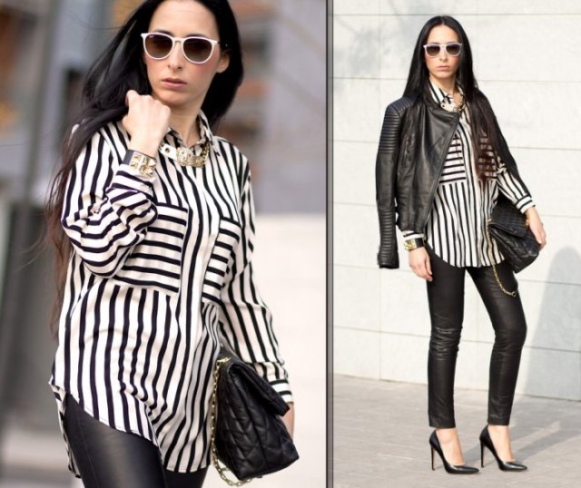 Black and white striped button down blouse and leather motorcycle jacket
