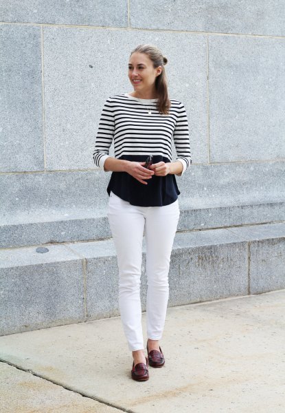 Black and white striped long sleeve cropped t-shirt with blouse