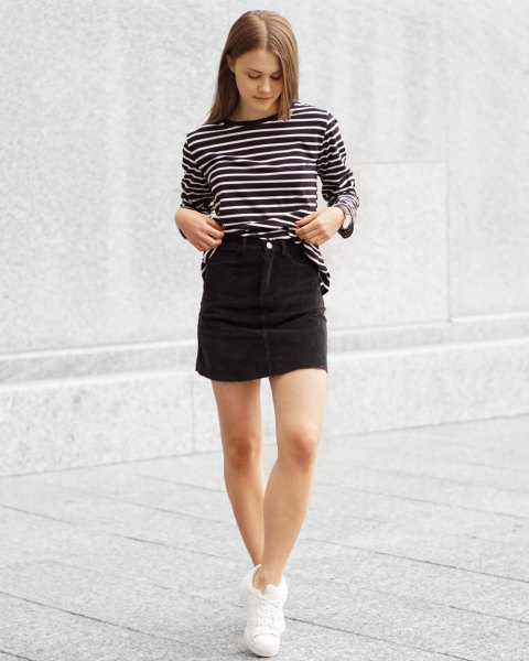 Black and white striped long sleeve t-shirt with high corduroy skirt