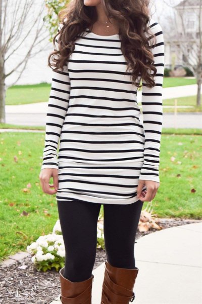 Black and white striped long sleeve tunic t-shirt with leggings