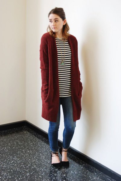 Black and white striped long sleeve tunic t-shirt with long
cardigan