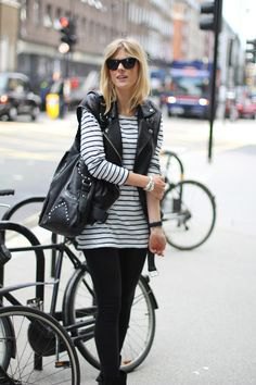 Black and white striped long sleeve tunic top with biker vest
