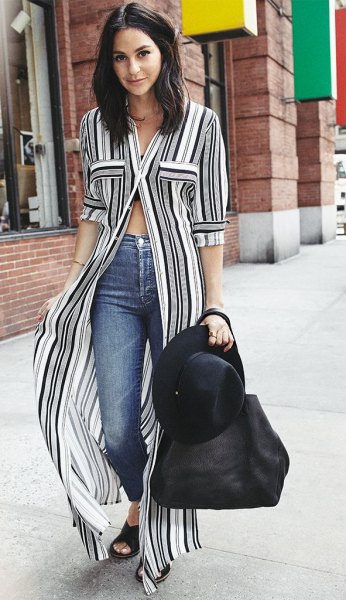 Black and white striped maxi blouse with buttons and half sleeves and jeans
