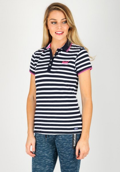 Black and white striped polo shirt with navy blue printed leggings