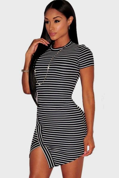 Black and white striped short sleeve bodycon mini dress