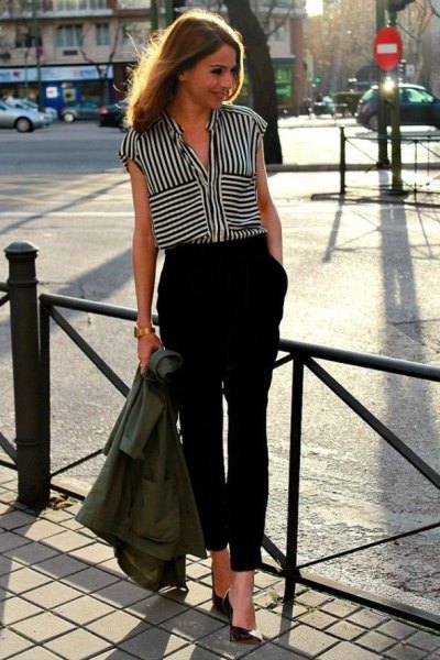 Black and white striped sleeveless blouse with cropped chinos