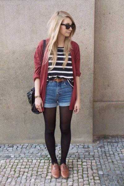 Black and white striped t-shirt with a green cardigan and denim shorts
