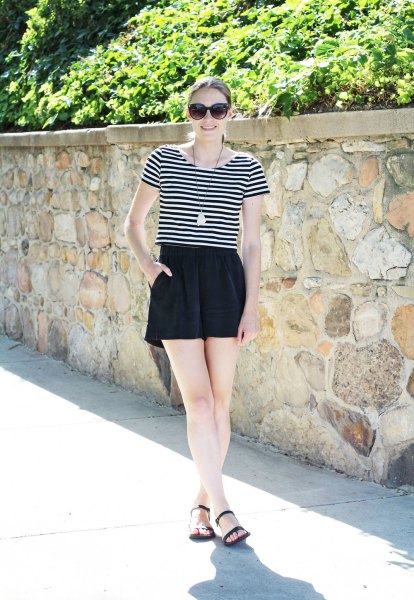 Black and white striped t-shirt with high-rise mini shorts