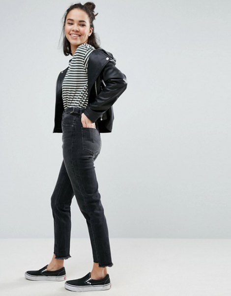 Black and white striped t-shirt with leather biker jacket