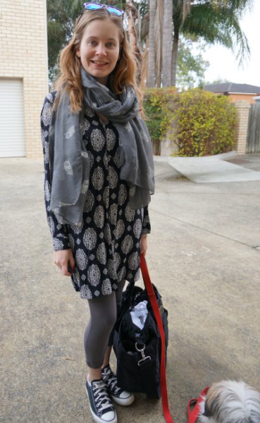 Black and white elegant tribal pattern tunic top with gray scarf