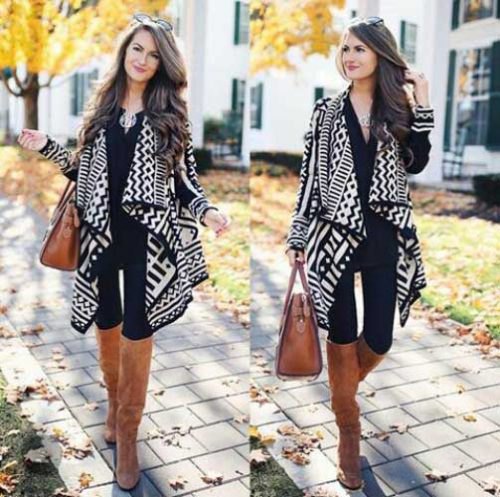 Black and white longline cashmere waterfall cardigan with tribal print