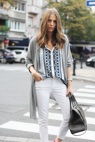 Black and white tribal shirt and gray cardigan